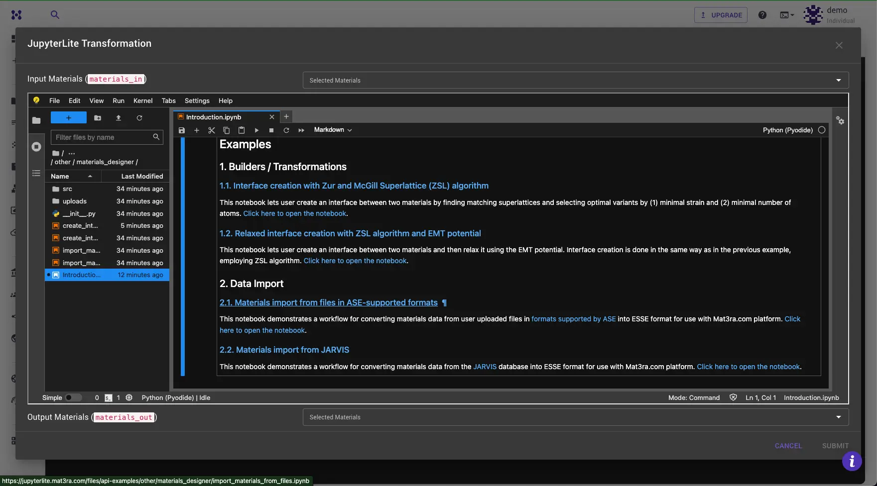 JupyterLite session with Introduction notebook