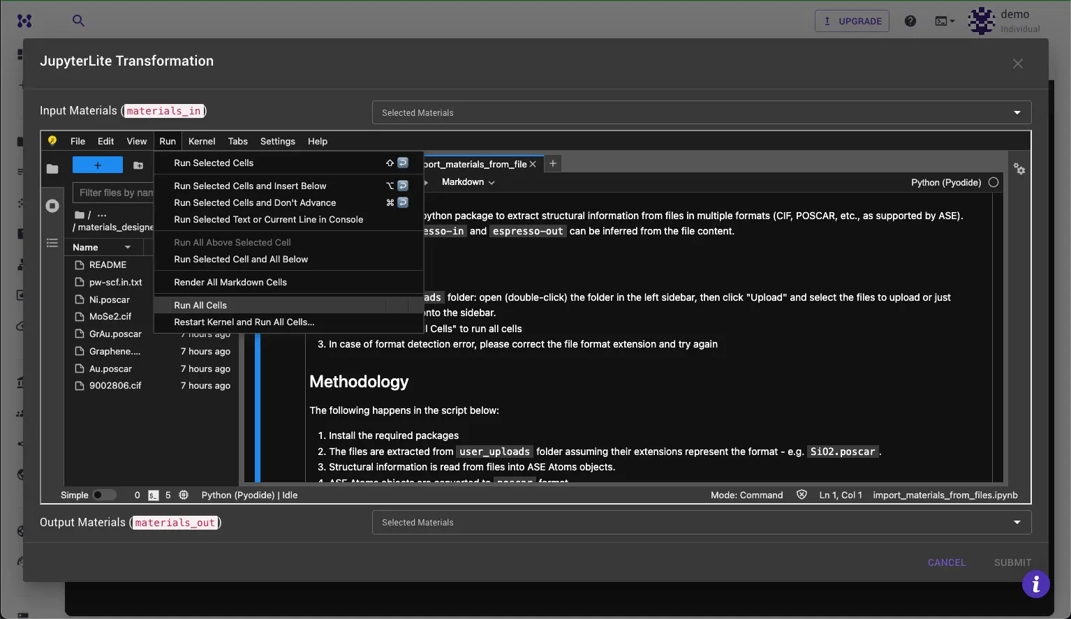 JupyterLite session with Run menu open