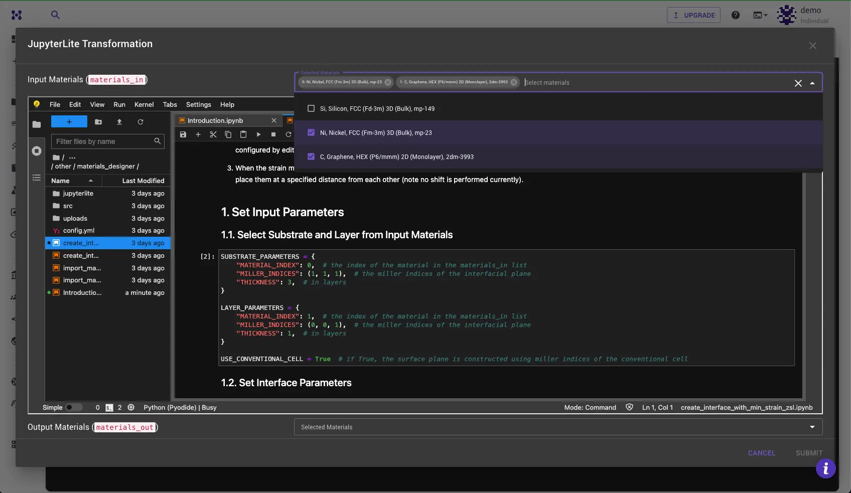 JupyterLite Transformation dialog with materials_in dropdown opened