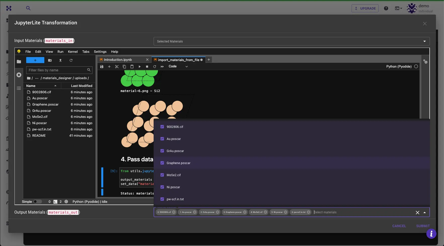 Review Results and Submit JupyterLite Transformation dialog with materials_out dropdown populated