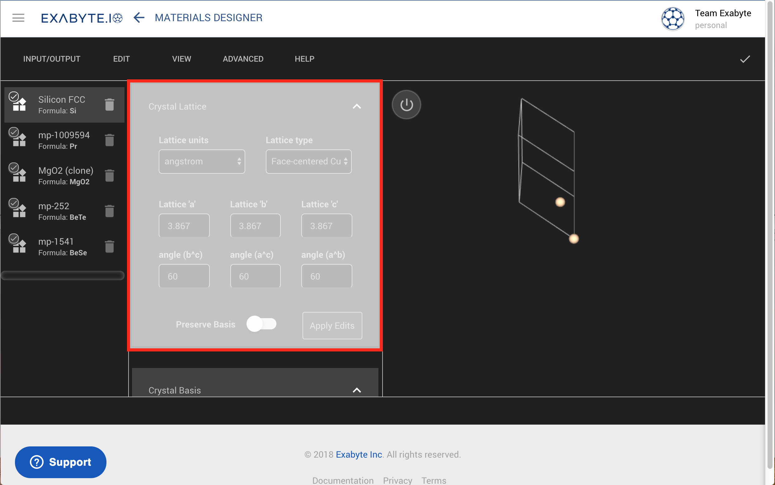 Opening the Crystal Lattice editor
